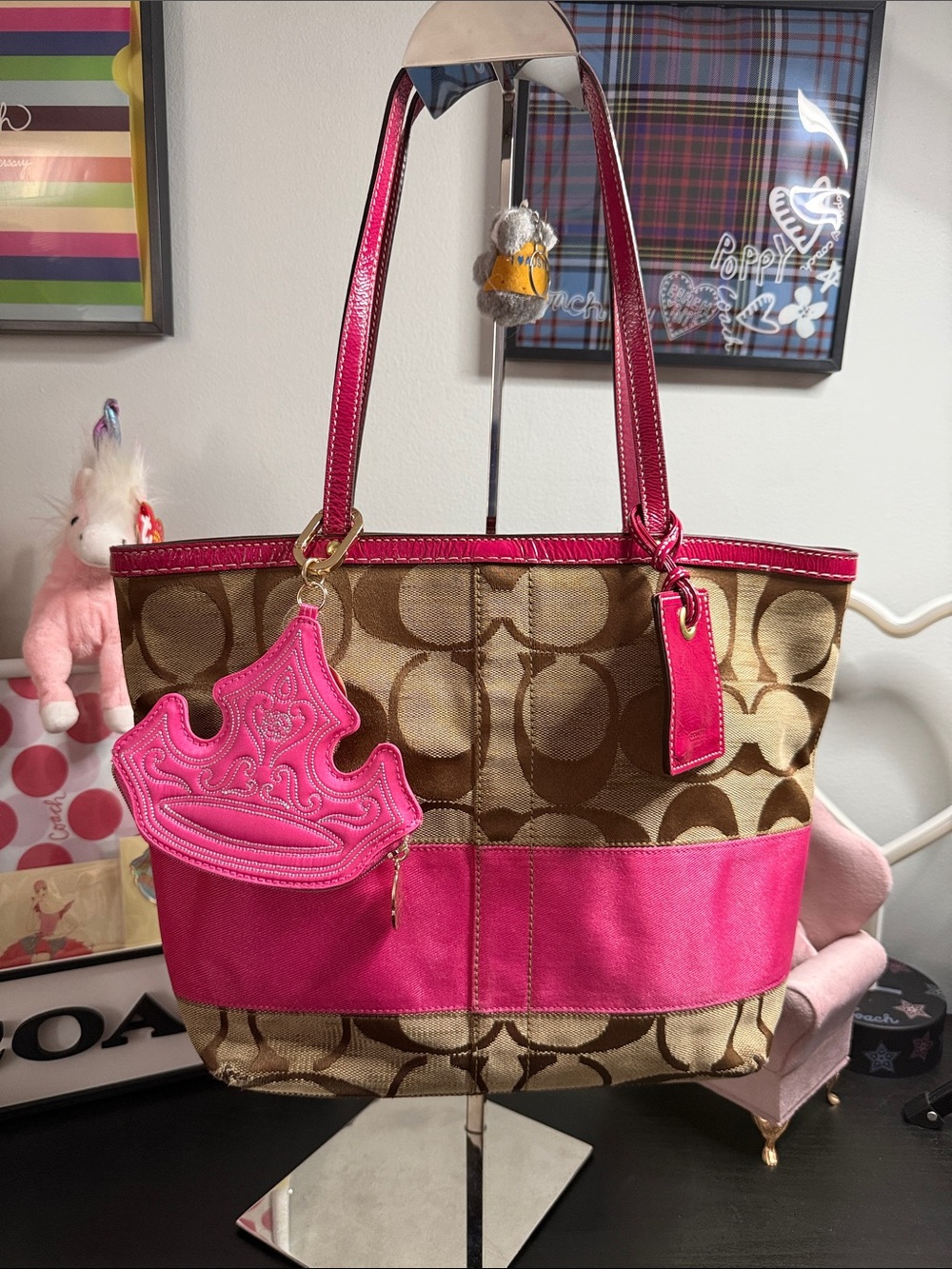 Coach Brown Signature Canvas Tote with Hot Pink Leather Trim